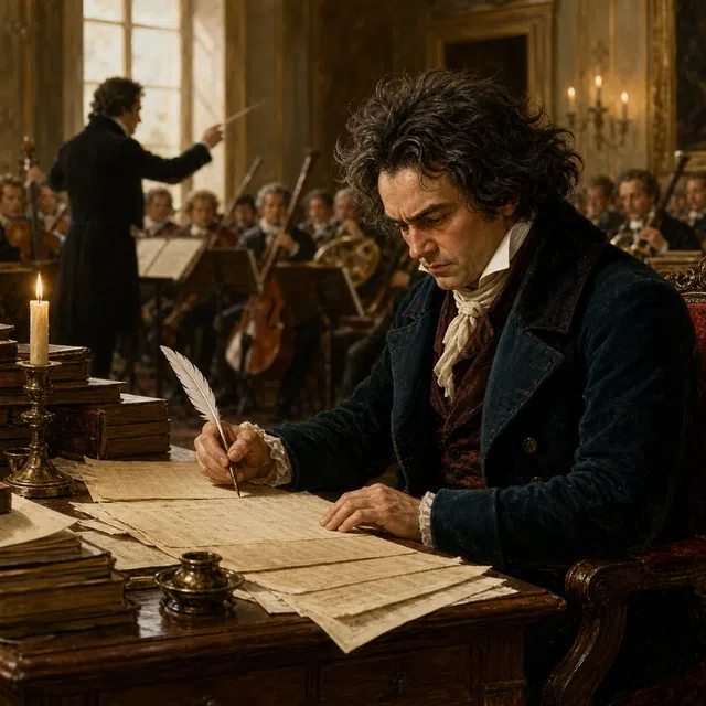 Illustration historique originale d'un compositeur travaillant sur une symphonie