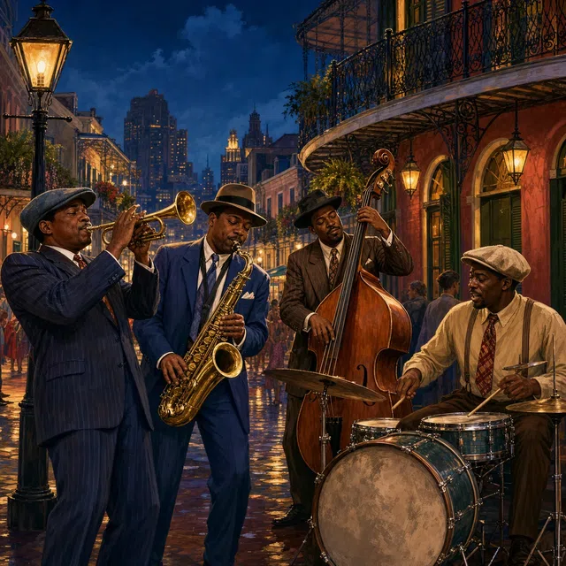 Illustration originale d'un ensemble de jazz dans une rue du sud des États-Unis avec des balcons en fer