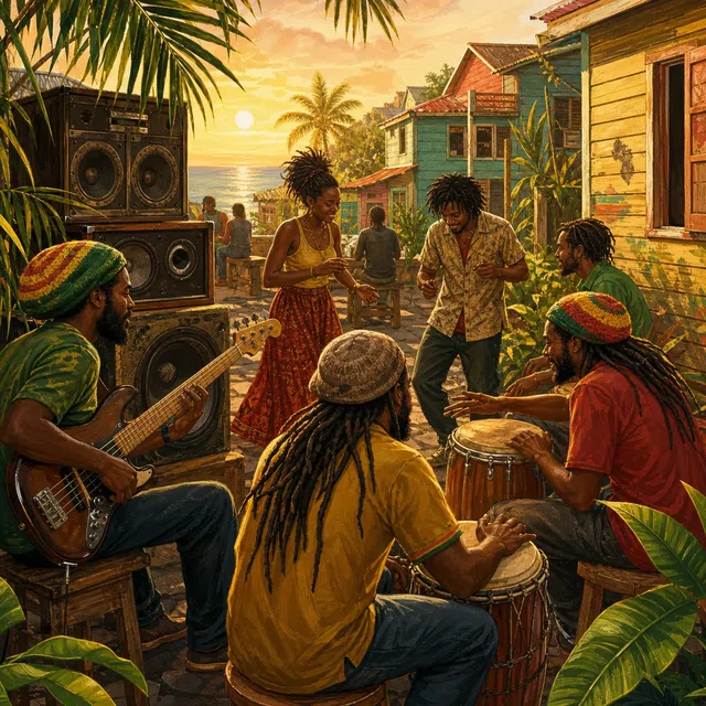 Original illustration of a Caribbean music scene with speakers, bass, and drums
