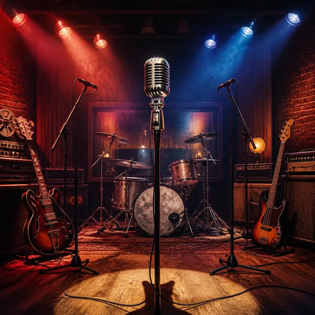 Illustration originale d'un studio d'enregistrement rock anonyme avec un microphone et des instruments de musique