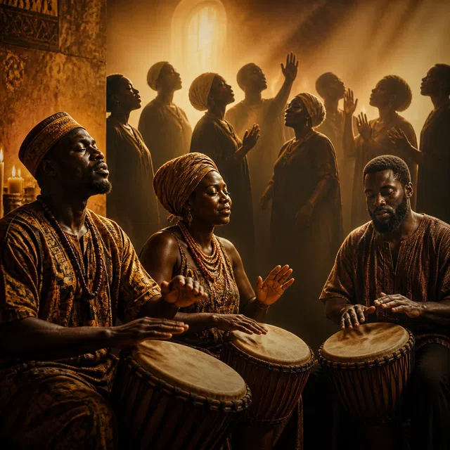Ilustrasi asli drum, nyanyian, dan musik komunal