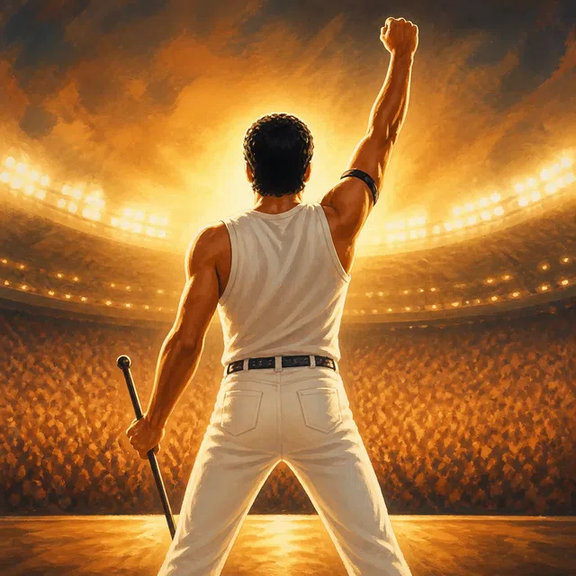 Illustration originale d'un leader du rock aux cheveux courts en tenue de scène blanche, vu de dos devant le public d'un stade