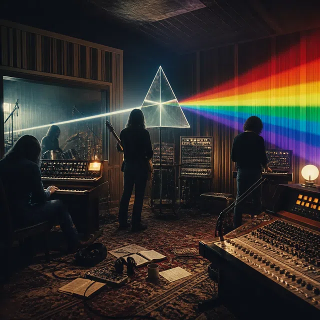 Illustrazione originale di un gruppo rock anonimo con luce prismatica in uno studio