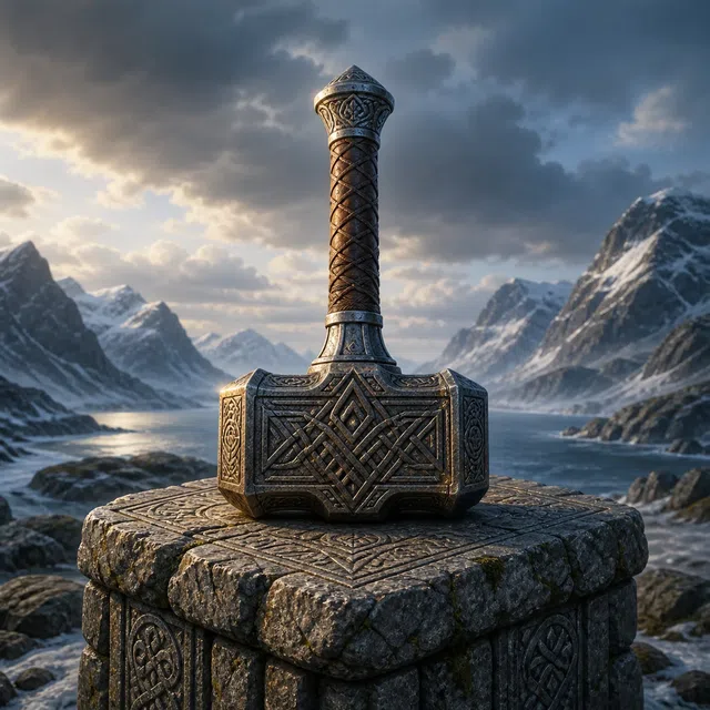 Illustration originale de Mjöllnir, le marteau de la mythologie nordique, sur un piédestal de pierre