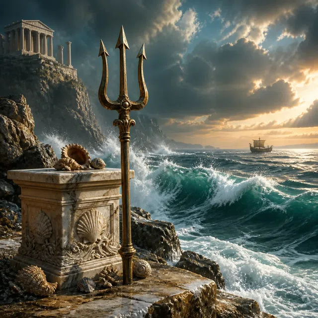 三叉槍、神殿遺跡、荒れた海があるギリシャの海岸のオリジナルイラスト