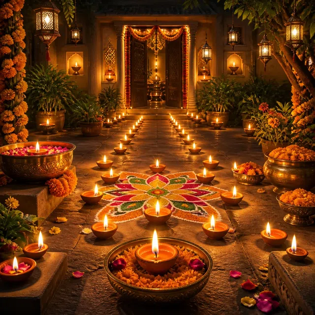 Illustration originale d'une cour festive avec lampes à huile, fleurs et motif de rangoli