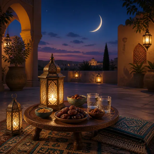 Original illustration of an evening courtyard with lanterns, dates, water, and a crescent moon