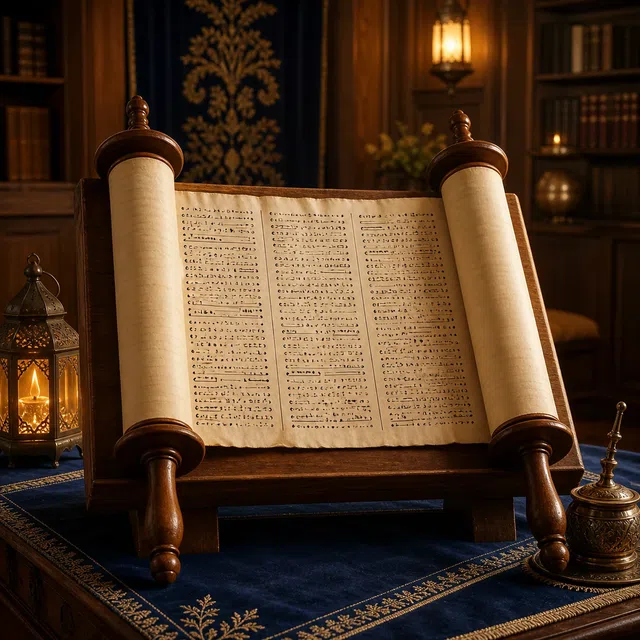 Original illustration of a scroll on a reading lectern with unreadable script marks