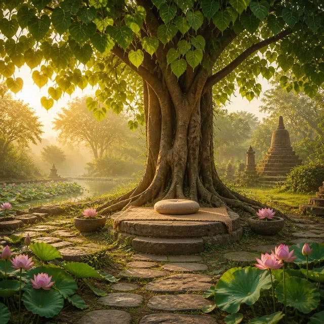 Original illustration of a Bodhi tree with an empty meditation seat and lotus flowers