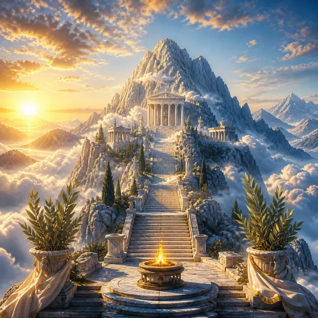 Illustration originale d'un sommet de montagne grec mythique avec ruines de temple au-dessus des nuages