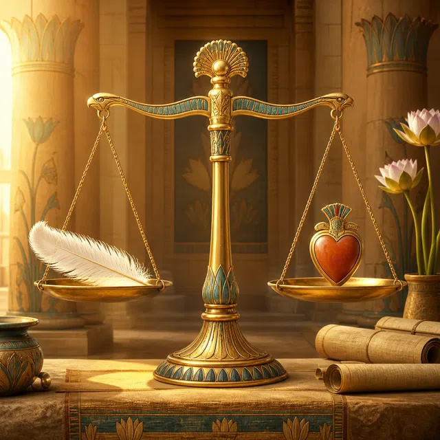 Illustration originale d’une balance de style égyptien ancien avec une plume et une amulette en forme de cœur dans une salle de temple sans écriture lisible