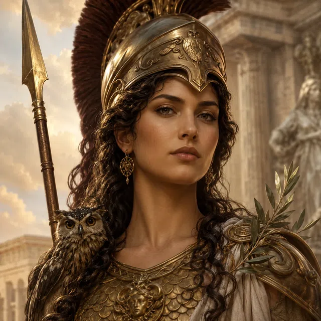 Athéna surgit armée de la tête de Zeus dans une scène stylisée de la mythologie grecque