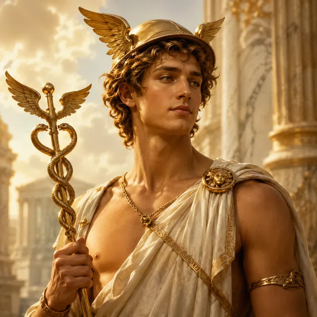 Der junge Hermes treibt in einer stilisierten mythologischen Szene Apollons Rinder
