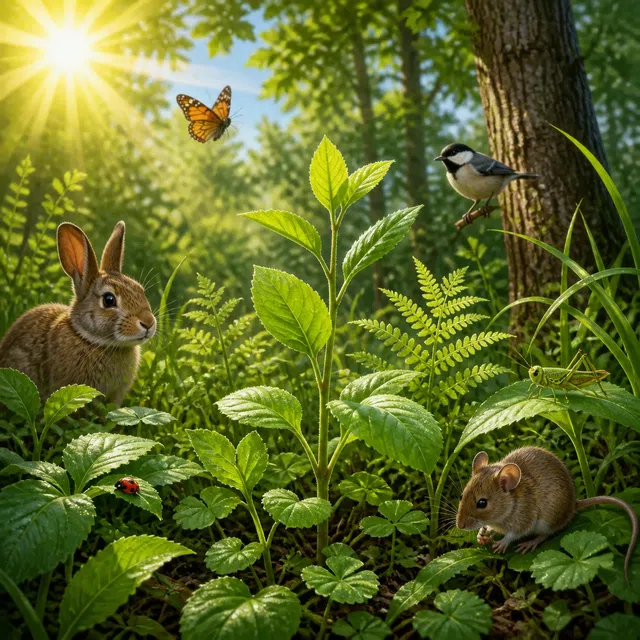 Illustration originale de la nature de plantes vertes au début d'une chaîne alimentaire