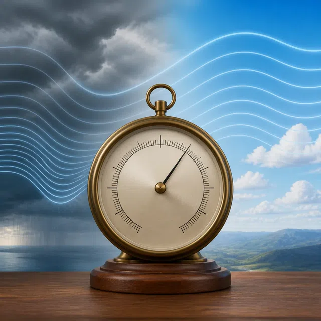 Original scientific illustration of a circular weather instrument reacting to pressure waves