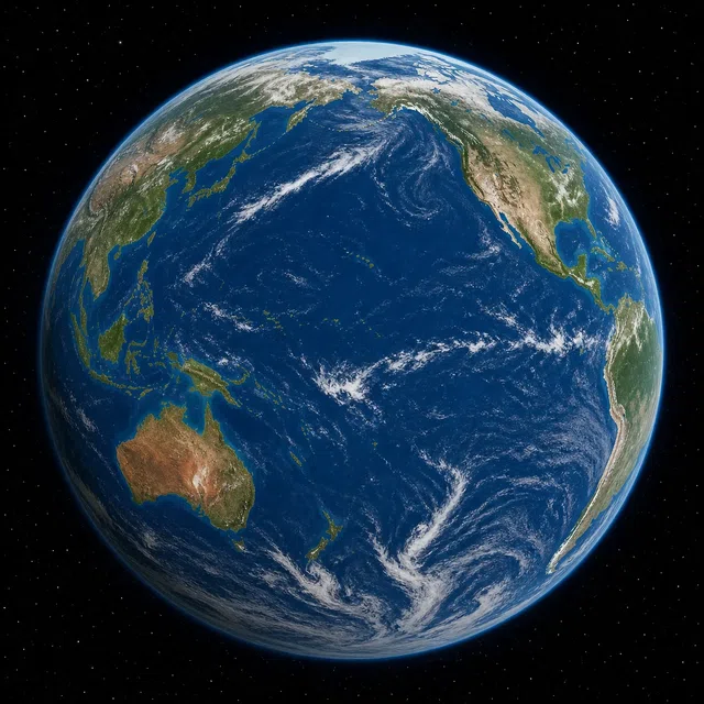 Ilustração original de um globo enfatizando o vasto oceano entre a Ásia, a Austrália e as Américas