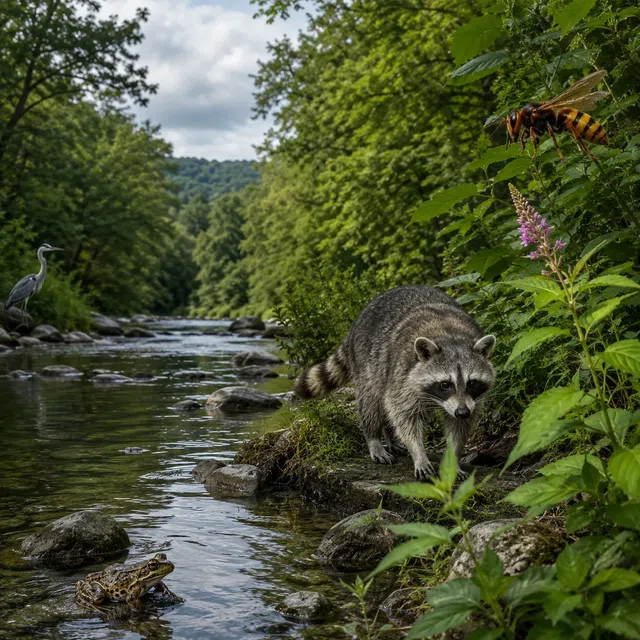 Raton laveur, frelon asiatique et grenouille au bord d’une rivière comme exemples d’espèces non indigènes