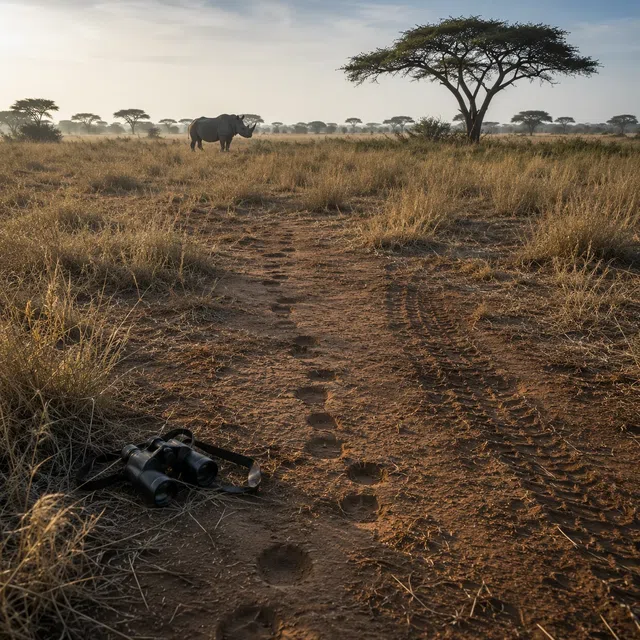 Empreintes de rhinocéros et jumelles dans la savane évoquant le braconnage