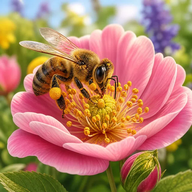 Illustration originale d'un insecte pollinisateur transférant des grains fins entre les fleurs