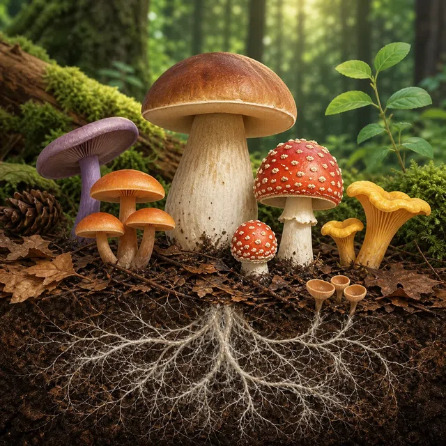 Original illustration of several mushrooms with mycelium on a forest floor