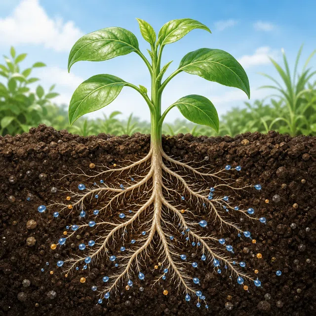 Ilustração original de uma seção transversal de uma planta com estruturas subterrâneas que extraem água e minerais