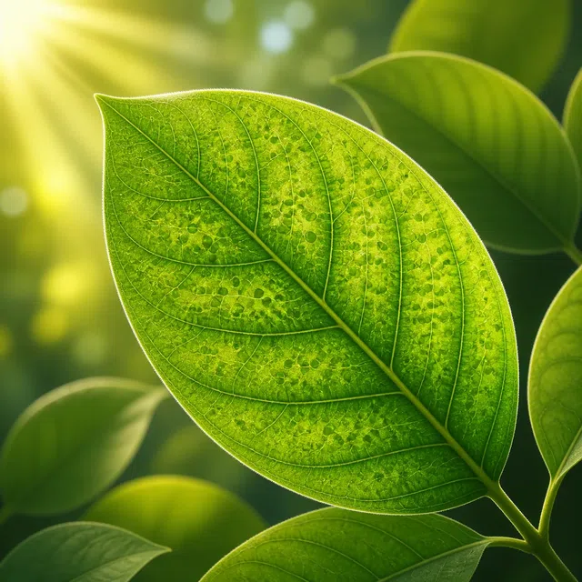 Ilustración botánica original de una hoja verde bajo la luz del sol