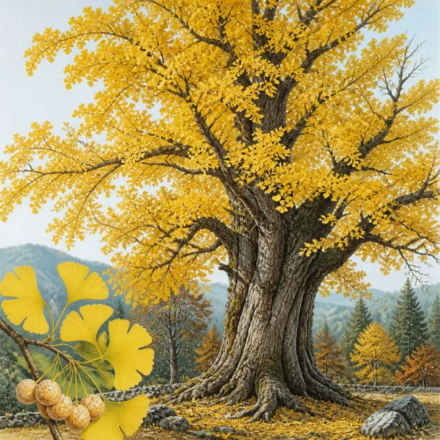 Uma grande árvore com folhas distintas em forma de leque brilhando em amarelo brilhante no outono