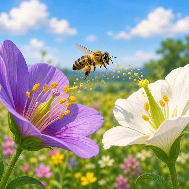 Illustration originale d'un insecte pollinisateur transportant des grains jaunes entre deux fleurs