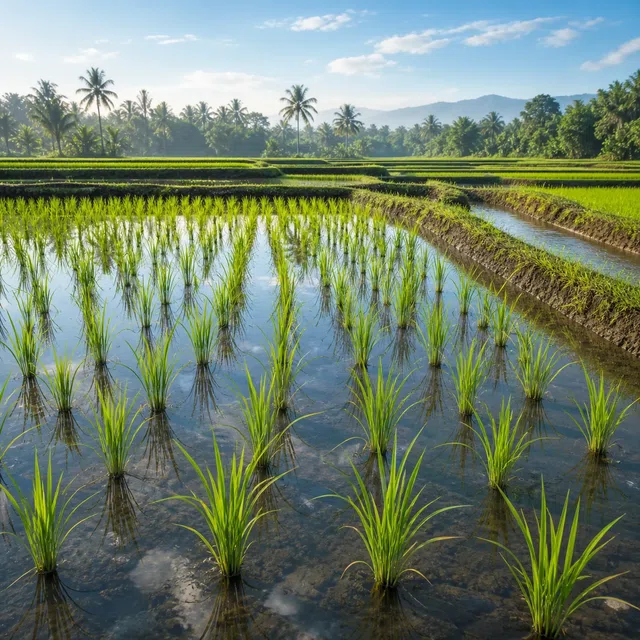 Illustration originale de jeunes plants de céréales poussant dans un champ inondé peu profond