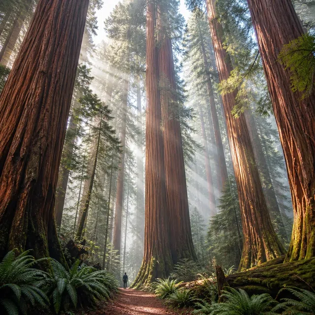 Illustration originale de très grands conifères brun rougeâtre dans une forêt brumeuse