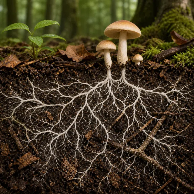 Originale Illustration eines weißen Pilzgeflechts im Waldboden unter kleinen Pilzen