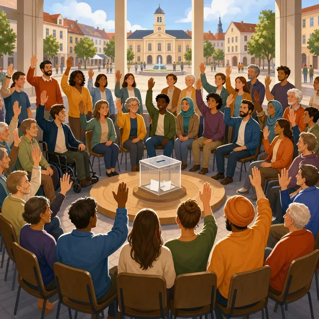 Original illustration of a diverse civic assembly as a symbol of democracy