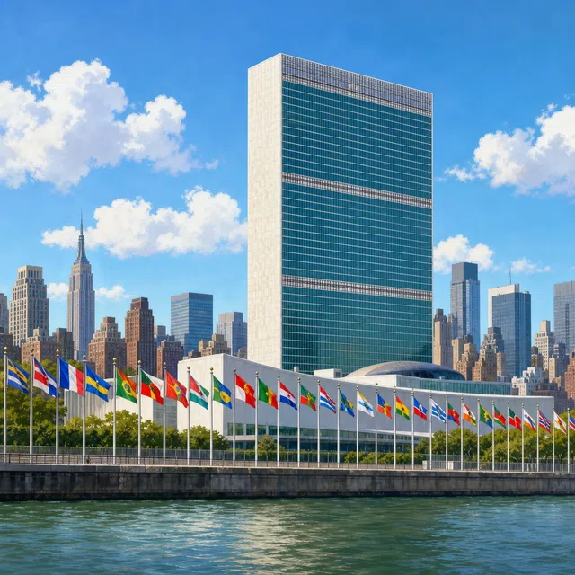 Een modern glazen hoofdkwartier met internationale vlaggen aan een rivier