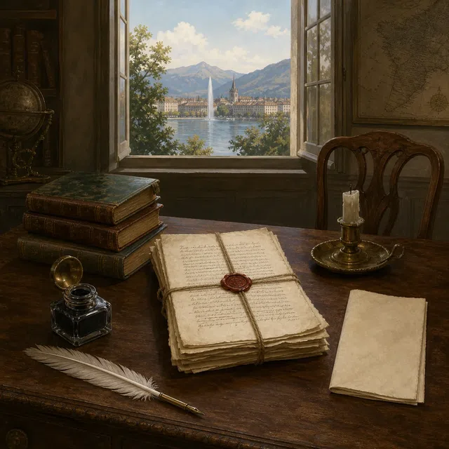 Illustration originale d'un bureau des Lumières avec manuscrit scellé, plume et vue sur une ville au bord d'un lac
