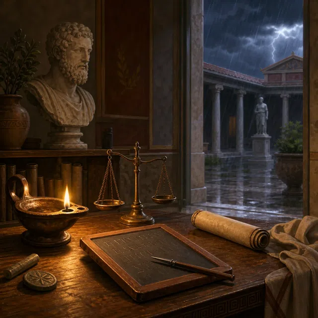 Illustration originale d'un cabinet romain antique avec lampe à huile, balance, tablette de cire et tempête hors de la cour