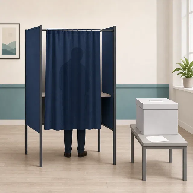 Ilustración original de una cabina de votación privada con una papeleta en blanco y una urna