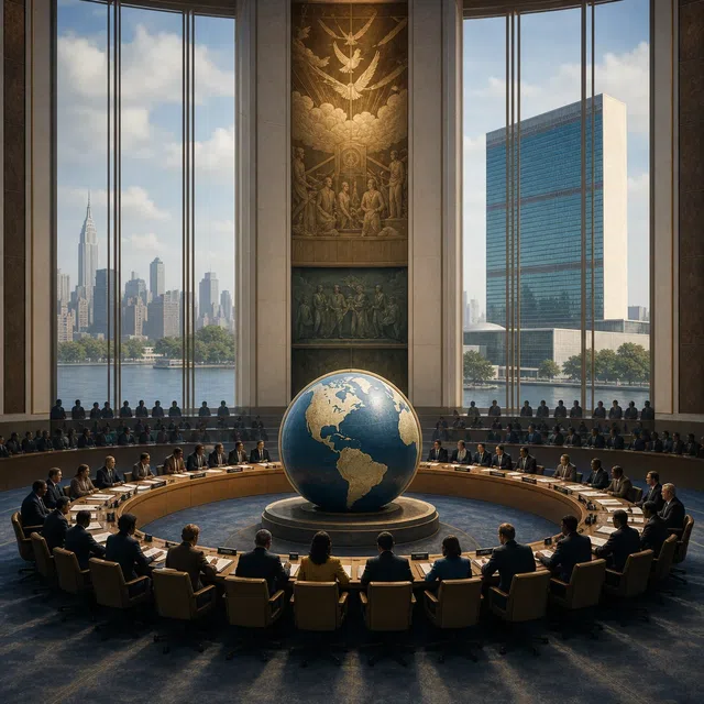 Illustration originale d'une assemblée internationale avec un globe et un siège moderne en arrière-plan