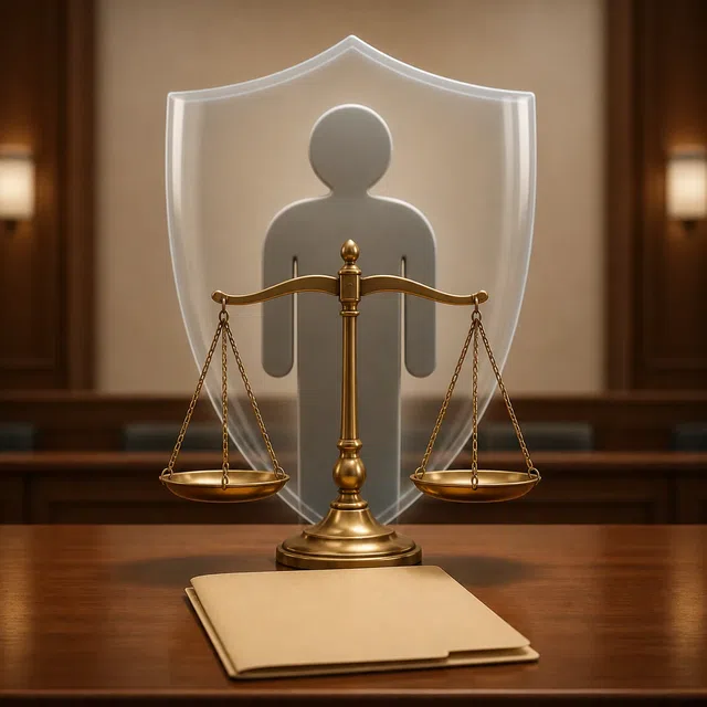 Ilustración original de una balanza de la justicia ante una persona protegida en una sala de tribunal