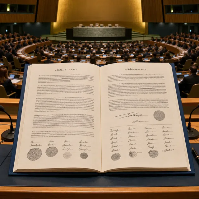 Ilustração original de uma assembleia internacional com um documento visivelmente preenchido, mas ilegível, em primeiro plano