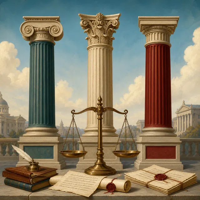Illustration originale de trois colonnes classiques avec une balance et des papiers juridiques illisibles