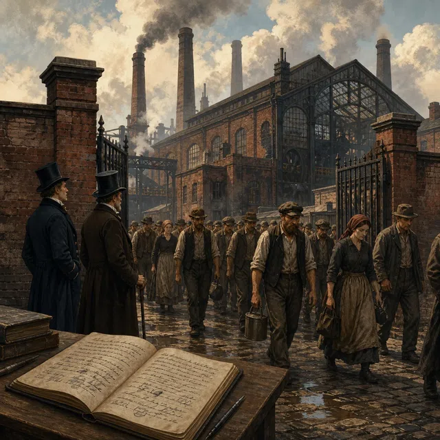 Illustration historique originale d'une scène d'usine du XIXe siècle avec des ouvriers