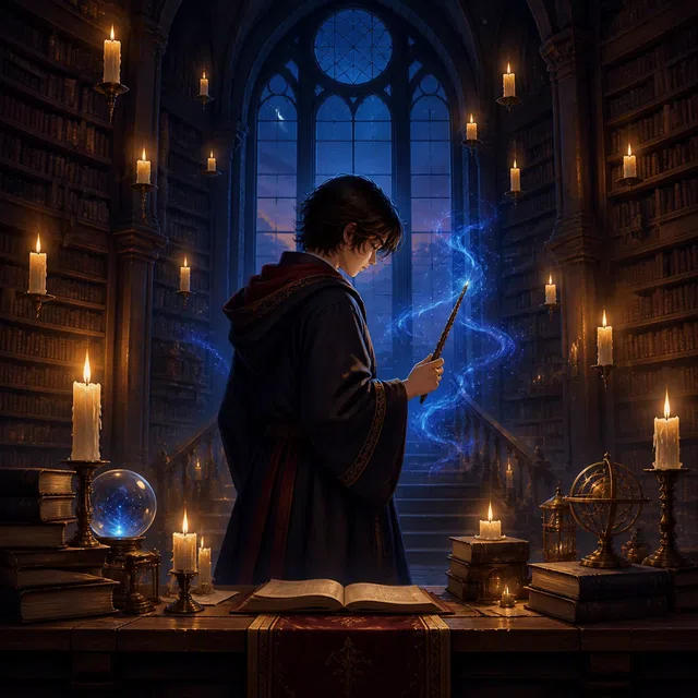 Illustration fantastique originale d'un apprenti magicien dans une ancienne bibliothèque de château