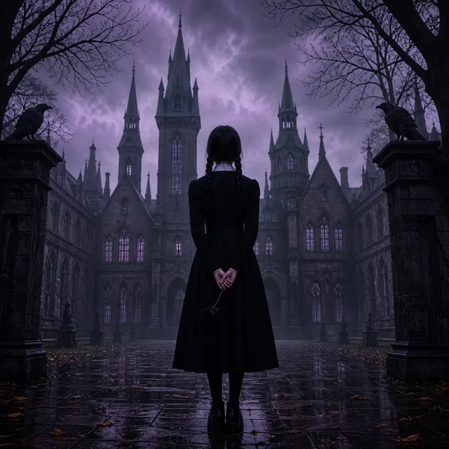 Ilustración gótica original de una chica anónima en el patio oscuro de una escuela