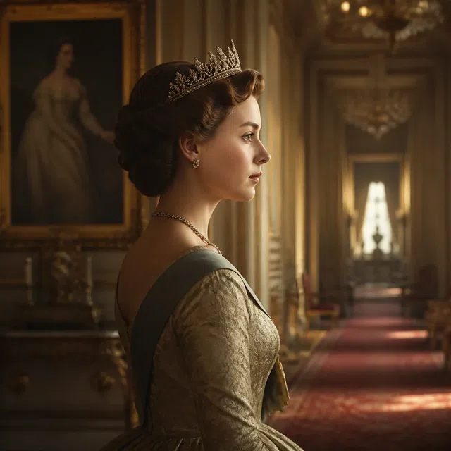 Ilustración histórica original de una joven reina británica anónima en un palacio