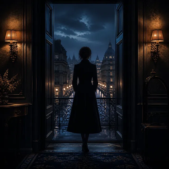 Originale Thriller-Illustration einer anonymen Frau in einem nächtlichen europäischen Hotel