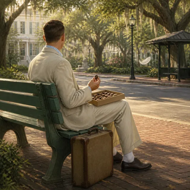 Forrest Gump in een licht pak, van achteren op een groene bank met koffer en bonbondoos