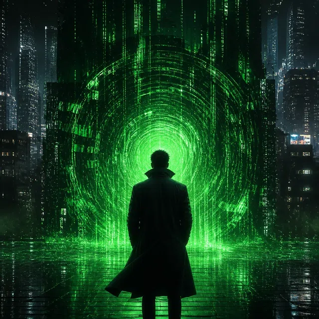 Ilustração cyberpunk original de um homem anônimo diante de um portal digital verde