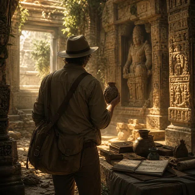 Illustration d'aventure originale d'un professeur d'archéologie anonyme dans un temple antique