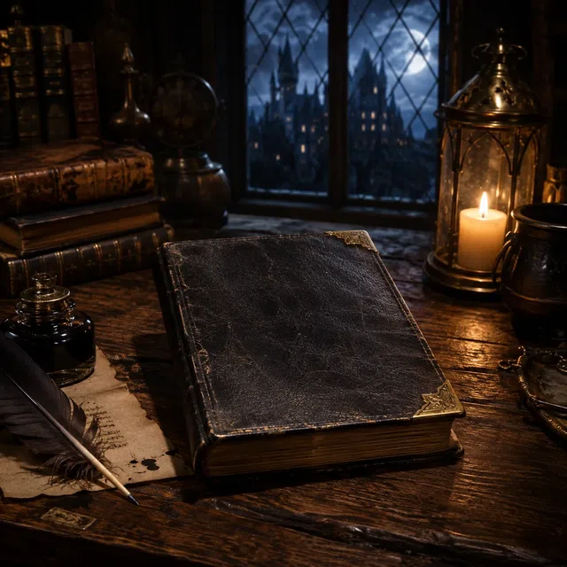 Livro de magia antigo sem texto legível sobre uma escrivaninha à luz de velas