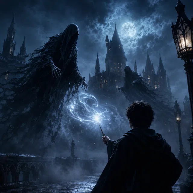 Young wizard repelling shadowy Dementors with a bright spell